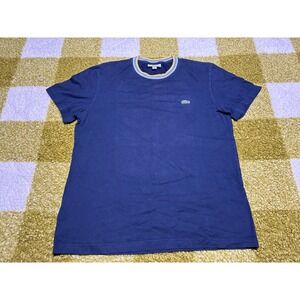 Lacoste Mens Navy Blue Striped Ribbed Collar T-Shirt Regular Fit Size M FR 4